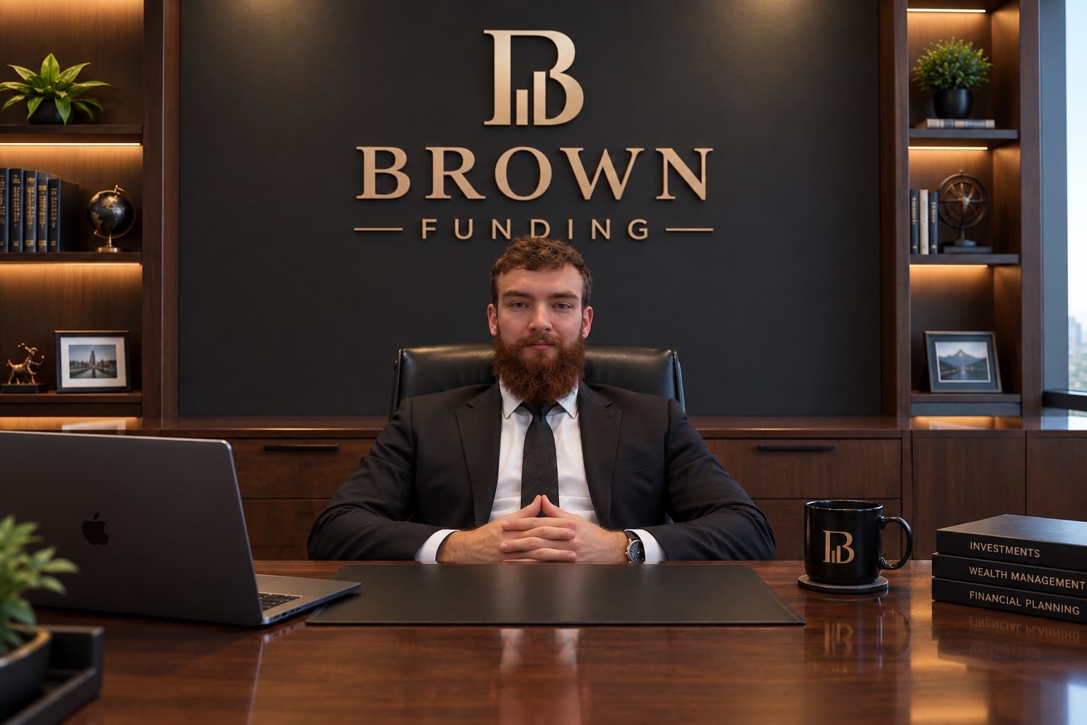 Benny Brown, Chief Lending Officer, seated at his desk in front of the Brown Funding sign